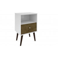 Manhattan Comfort 203AMC69 Liberty Mid Century - Modern Nightstand 1.0 with 1 Cubby Space and 1 Drawer in White and Rustic Brown with Solid Wood Legs